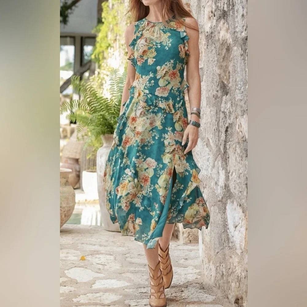 Sundance Faye Ruffle Floral Maxi Dress XS Teal Green Botanical Flounce Boho Asym